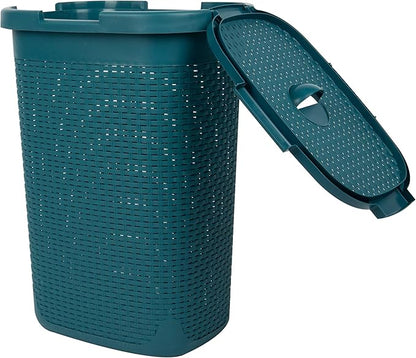Mind Reader Slim Laundry Hamper with Lid, 60L Tall Clothes Basket, Narrow Tapered Design for Bathrooms, Closets and Laundry Rooms, Plastic, Blue