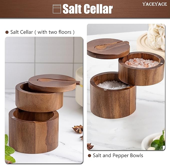 Salt Bowl with Spoon, 7oz Salt and Pepper Containers Triple Compartment, Small Acacia Salt Containers for Countertop, Salt Cellar for Kitchen