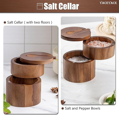 Salt Bowl with Spoon, 7oz Salt and Pepper Containers Triple Compartment, Small Acacia Salt Containers for Countertop, Salt Cellar for Kitchen