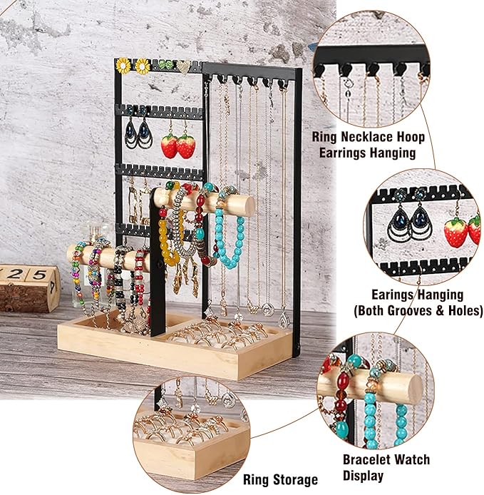 Jewelry Organizer Stand 4-Tier Hanging Jewelry Organizer Holder Display Stands for Earrings Necklaces Bracelets Rings Watches (4-Tier Burlywood)…