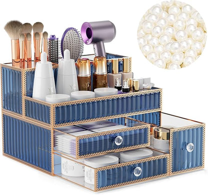 Youdepot Makeup Organizer Blue - Tempered Glass Vanity Organizer for Cosmetics, Skincare, Hair Tools, Brushes, Perfume - Multipurpose Bathroom Counter Skincare Organizer