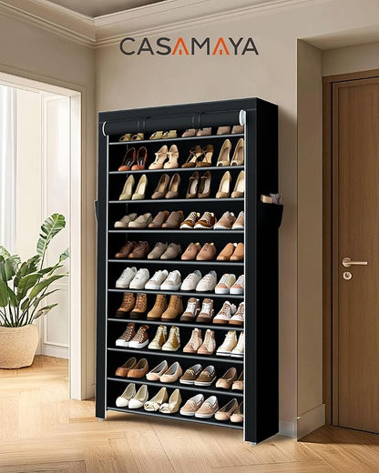 CASAMAYA Shoe Rack with Covers, 10 Tiers Tall Shoe Rack Organizer, Large Capacity Shoe Shelf Storage, Hold 40 Pairs of Shoes, Vertical Shoe Storage Organizer for Closet, Entryway, Black, SRT104B01