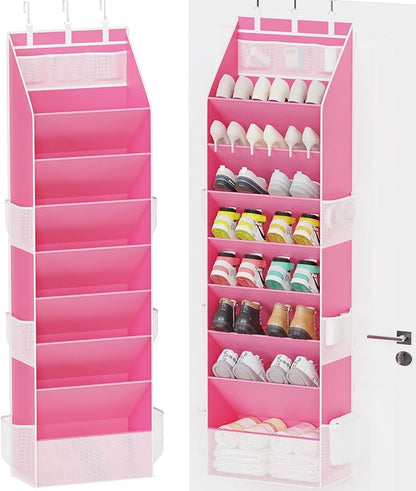 Criusia Shoe Storage, Over the Door Shoe Organizer, Hanging Closet Shoe Storage with Large Deep Pockets, Fits 16–24 Pairs of Sneakers, Sandals, Boots, Pink