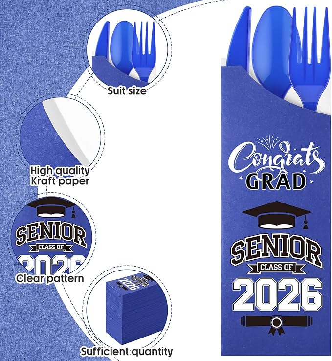 Funnymoom 400 Pcs 2026 Graduation Wrapped Silverware Bags Holder - Disposable Dinnerware Set Includes Plastic Spoons Knives and Forks, Class of 2026 Parties School Congrats Supplies(Dark Blue)