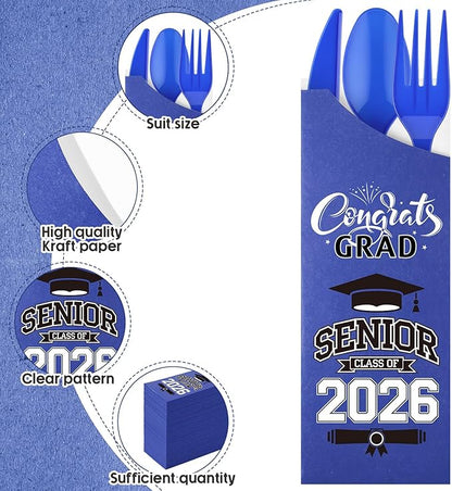 Funnymoom 400 Pcs 2026 Graduation Wrapped Silverware Bags Holder - Disposable Dinnerware Set Includes Plastic Spoons Knives and Forks, Class of 2026 Parties School Congrats Supplies(Dark Blue)