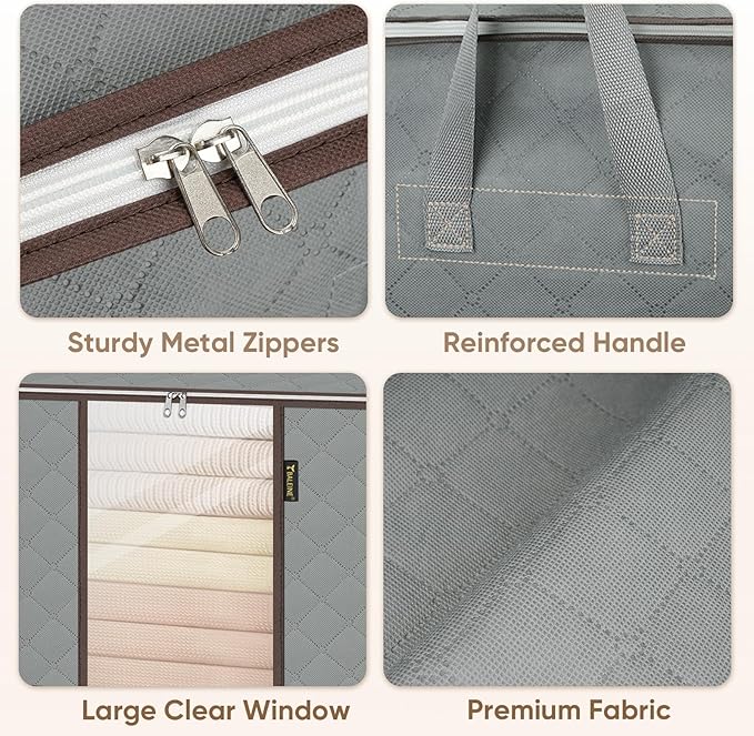 BALEINE 4 Pack Clothes Storage Bags, 24 Gallon Storage Containers with Reinforced Handle, Sturdy Zipper, Closet Organizer for Blanket, Comforter, Pillow, Bedding (Grey, 4 Pack)