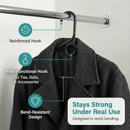 DEILSY™ Black Heavy Duty Hangers with Hooks for Scarves & Belts – Thick and Strong Clothes Hangers for Shirts, Jackets, Pants, and Dresses – Space-Saving Plastic Hangers – Pack of 50