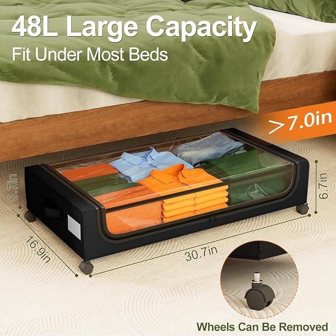 GoMaihe Under Bed Storage with Wheels: 48L Underbed Storage Containers with Clear Lids - Rolling Drawers & Bins for Shoes Clothes in Dorm Bedroom - Space-Saving Easy Pull-out Black 4-Pack