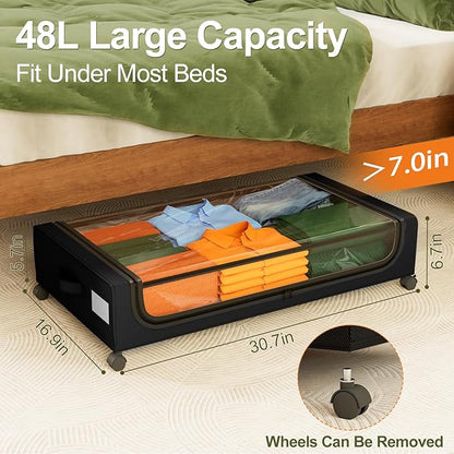 GoMaihe Under Bed Storage with Wheels: 48L Underbed Storage Containers with Clear Lids - Rolling Drawers & Bins for Shoes Clothes in Dorm Bedroom - Space-Saving Easy Pull-out Black 2-Pack
