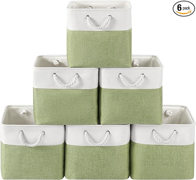 13 x 13 Inch Cube Storage Bins, 6 Pack Fabric Storage Basket with Handles, Foldable Boxes Organizer for Shelf Baskets for Home, Clothes (White/Green)