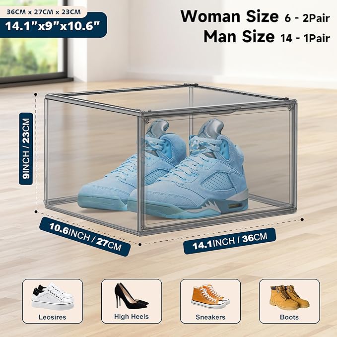 10 Pack Black Shoe Box Clear Shoe Organizer for Closet Acrylic Display Case Transparent Plastic Stackable Shoes Storage Box Handbag Organizer with Magnetic Lid, Size 14