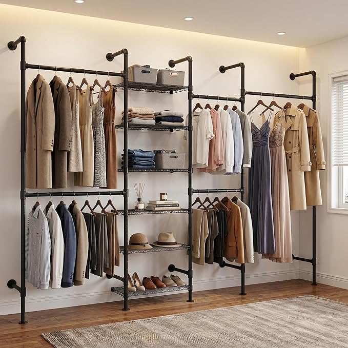 F4 Wall Mounted Closet System, Industrial Pipe Clothing Rack for Hanging Clothes, Heavy Duty Closet Organizer System, Clothes Racks with Shelves & Expandable Rod for Wardrobe, Corner, Black