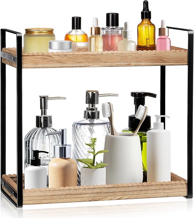 DoubleFill Bathroom Countertop Organizer, 2 Tier Wood Bead Vanity Organizer Tray for Bathroom Cosmetic Skincare Perfume Kitchen Coffee Station Organization(Brown,Classic)
