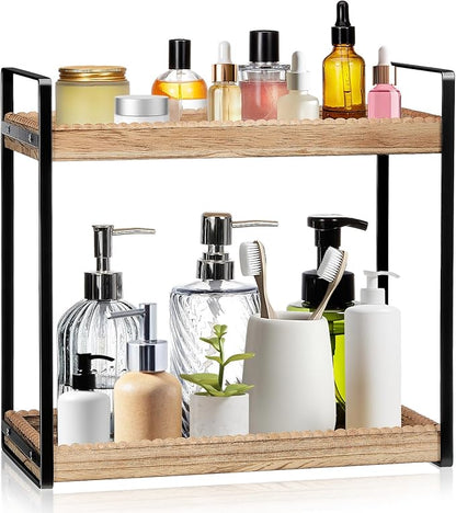 DoubleFill Bathroom Countertop Organizer, 2 Tier Wood Bead Vanity Organizer Tray for Bathroom Cosmetic Skincare Perfume Kitchen Coffee Station Organization(Brown,Classic)