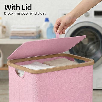 efluky Slim Laundry Basket with Lid, Narrow Laundry Hamper with Removable Bag, Skinny Dirty Clothes Basket with Bamboo Handles for Bathroom, Bedroom & Laundry Room, 75L Pink