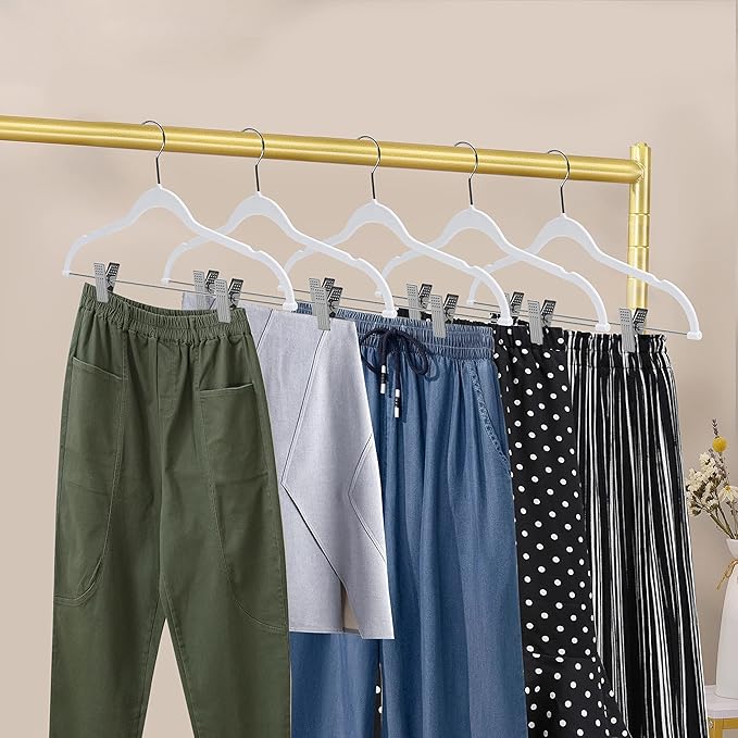 80 Pack White Quality Plastic Non Velvet Non-Flocked Thin Compact Coat Hangers with Metal Clips for Skirts Pants Blouses 360° Swivel Hook