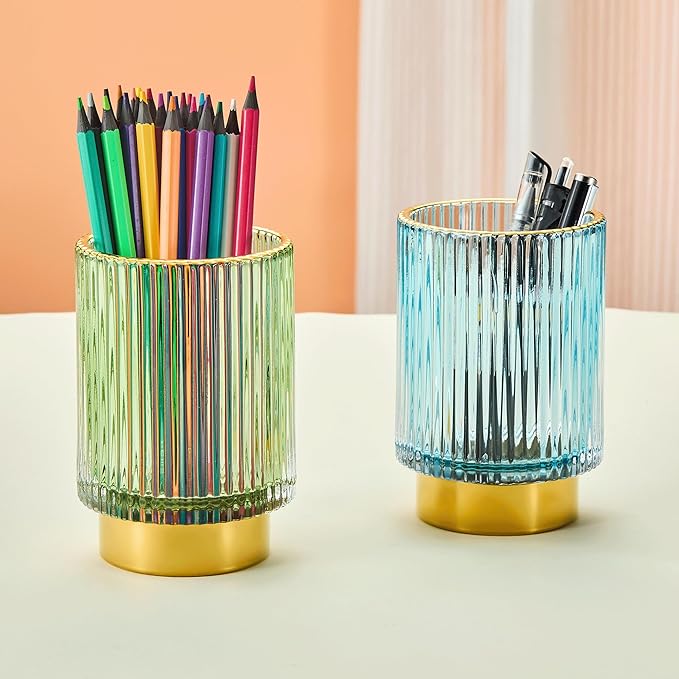 Makeup Brush Holder Organizer,Toothbrush Holders,Desk Pen Pencil Holder,Multifunctional Vintage Glass Brush Cup（L/Green/A3-6-US）