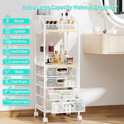 HapiRm Makeup Organizer Storage Cart - Floor Skincare Make Up Storage with 4 Drawers, Rolling Makeup Cart Vanity Organizer Cosmetics Display Cases Holder for Skin Care Perfume Nail Polish