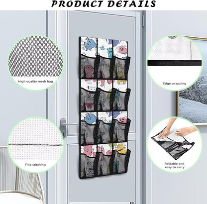Cartoon Monster Over the Door Shoe Organizer 12 Large Mesh Pockets Sturdy Oxford Door Shoe Organizer Hanging Shoe Rack for Closet Shoe Holder