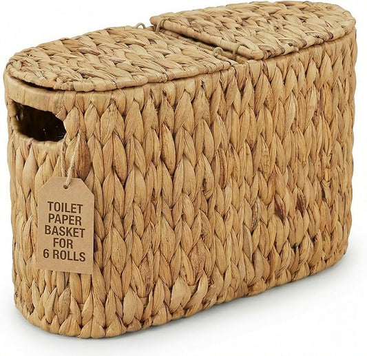 DEILSY™ Natural Water Hyacinth Toilet Paper Basket for 6 Rolls, Slim Toilet Paper Storage Basket with Built-in Handles for Bathroom or Powder Room (6 Rolls)