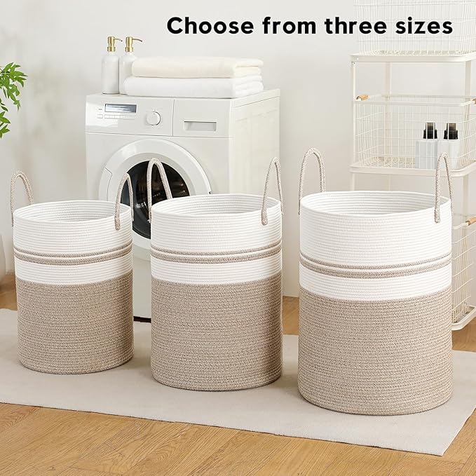 Laundry Basket Hamper Tall Rope Storage Woven for Blanket toys Dirty Clothes in Living Room Bathroom Bedroom (Brown&White, 100L/26.4Gal)