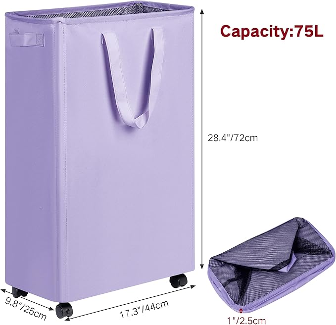 efluky Slim Laundry Hamper with Wheels, Rolling Laundry Basket for Clothes, Small Laundry Basket for Bedroom, Dorm and Laundry Room, 75L (19.8 Gallons) Purple