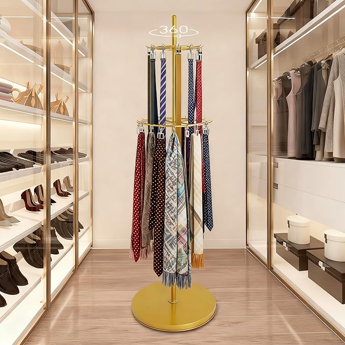 Gold Belt Display Scarf &Ties Rack Stand, 360° Rotation Floor Mounted Belt Hanger, Metal Men Closet Belt Organizer Holder Jewelry Necklaces Purse Hanger Shelf for Clothing Store Retail & Home