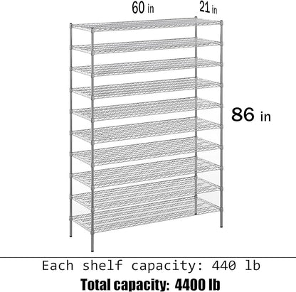 21" Deep x 60" Wide x 86" Height Wire Shelving Kit | 10-Tier | NSF Commercial Storage Rack Unit