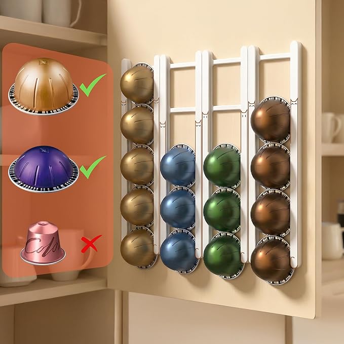 Adhesive Coffee Pod Holder for Nespresso VertuoLine, Holds 20 Capsules - Wall or Cabinet Mounted Coffee Capsule Rack with Strong 3M Adhesive Strips, Vertical or Horizontal Mount