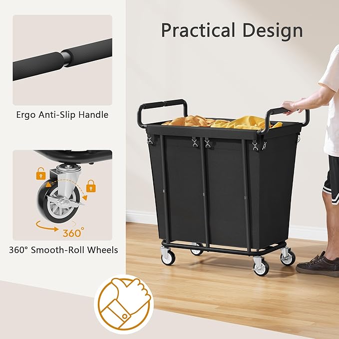 Laundry Hamper with Wheels, 250L Rolling Medium Laundry Basket for Clothes Storage, Heavy Duty Rolling Laundry Cart with Handle, Steel Frame, Waterproof Liner, 66 Gallons