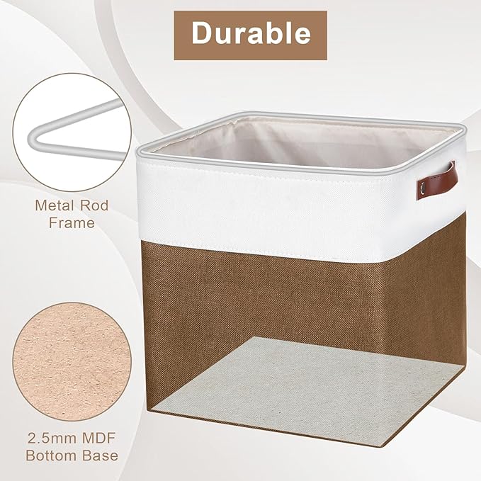 Bagnizer 13x13 Cube Storage Bins, Collapsible Fabric Storage Box, 4 Pack Closet Baskets with Handles for Organizing, Shelf, Toys, Clothes, Home, Office, Nursery (Brown&White)
