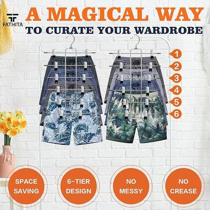 6-Tier Space Saving Pants Hangers with Clips, Multi-Functional Skirt & Jean Organizer for Small Closets, Dorm Room Essentials, 2 Pack Metal Clothes Storage