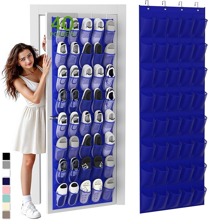 Over the Door Shoe Organizer with 40 Large Breathable Mesh Pockets, Space Saving Shoe Holder, Hanging Shoe Rack for Entryway Bedroom Closet Storage (Navy Blue, 40 Pockets)