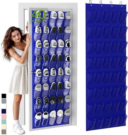 Over the Door Shoe Organizer with 40 Large Breathable Mesh Pockets, Space Saving Shoe Holder, Hanging Shoe Rack for Entryway Bedroom Closet Storage (Navy Blue, 40 Pockets)