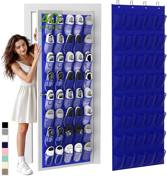 Over the Door Shoe Organizer with 40 Large Breathable Mesh Pockets, Space Saving Shoe Holder, Hanging Shoe Rack for Entryway Bedroom Closet Storage (Navy Blue, 40 Pockets)