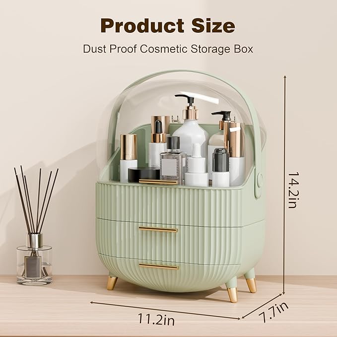 lurcns Makeup Organizers and Storage, Make up Organizer for Vanity Cosmetics Skincare Organizers With Lid and Drawers Display Cases for Countertop（Light Green）