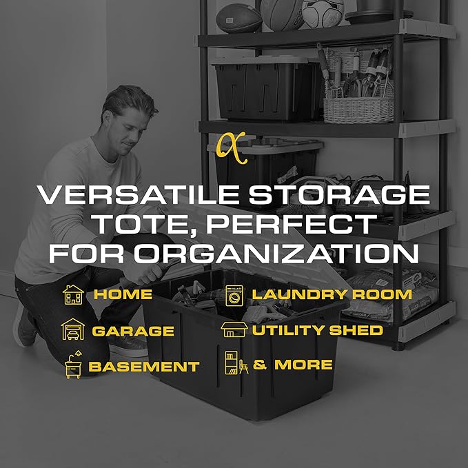 CX Black & Yellow 27-Gallon Heavy Duty Storage Bins with Lids, Stackable Plastic Storage Bins with Weather-Resistant Design, Home Organization, 4 Pack (14.3"H x 20.6"W x 30.6"D)
