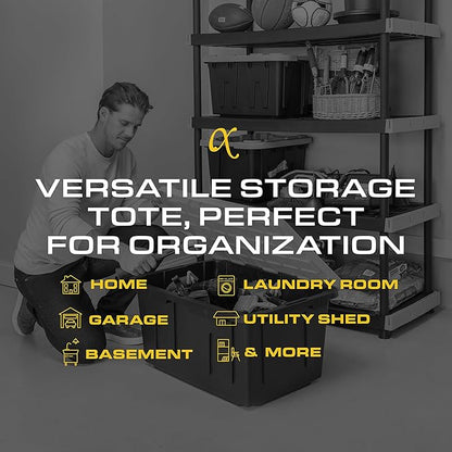 CX Black & Yellow 27-Gallon Heavy Duty Storage Bins with Lids, Stackable Plastic Storage Bins with Weather-Resistant Design, Home Organization, 4 Pack (14.3"H x 20.6"W x 30.6"D)