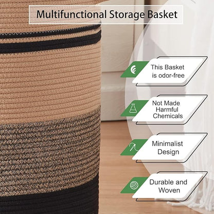 OIAHOMY 80L Laundry Baskets-Laundry Hamper,Storage Basket with Handles,Decorative Basket for Living room,Woven Storage Basket for Toys Bin,Pillows, Blankets,Clothes-20x18in-Yellow Black