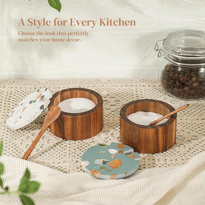 Wooden Salt Cellar with Marble Lid,Salt Container Box Bowl for Countertop,Elegant Salt Holder Jar Dish with Spoon,Kitchen Seasoning Containers for Salt Pepper Sugar Spice Storage,6OZ