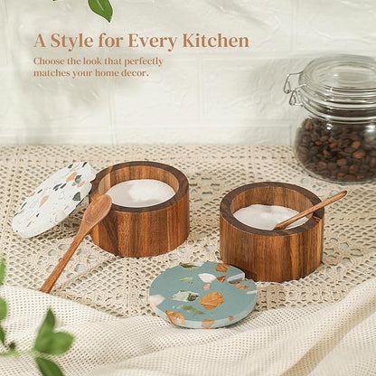 Wooden Salt Cellar with Marble Lid,Salt Container Box Bowl for Countertop,Elegant Salt Holder Jar Dish with Spoon,Kitchen Seasoning Containers for Salt Pepper Sugar Spice Storage,6OZ