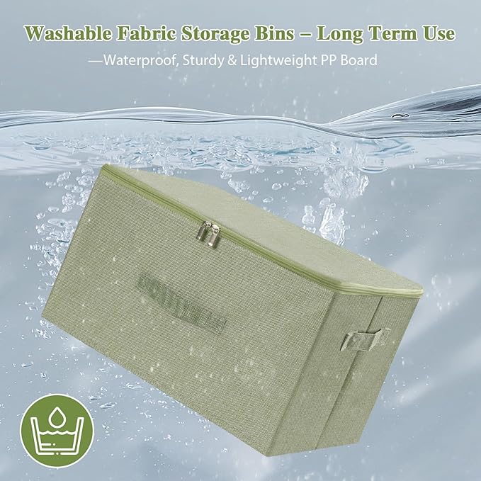 ANMINY Storage Bins with Zipper Lids 51.9 Qt Lidded Fabric Storage Boxes Baskets Cubes with Handles Collapsible Washable Cotton Linen Closet Shelf Clothes Organizer - Green, Extra Large