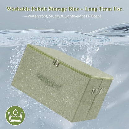 ANMINY Storage Bins with Zipper Lids 36 Qt Lidded Fabric Storage Boxes Baskets Cubes with Handles Collapsible Washable Cotton Linen Closet Shelf Clothes Organizer Containers - Green, Large