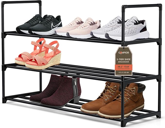 Black 3 Tier Shoe Rack, 36" Large Shoe Shelf Holds 15 Pairs of Shoes, Heavy Duty Shoe Rack for Entryway, Bedroom, Closet, Up to 22 lb Weight Capacity, Space-Saving and Easy to Assemble