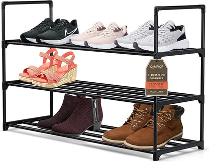 Black 3 Tier Shoe Rack, 36" Large Shoe Shelf Holds 15 Pairs of Shoes, Heavy Duty Shoe Rack for Entryway, Bedroom, Closet, Up to 22 lb Weight Capacity, Space-Saving and Easy to Assemble
