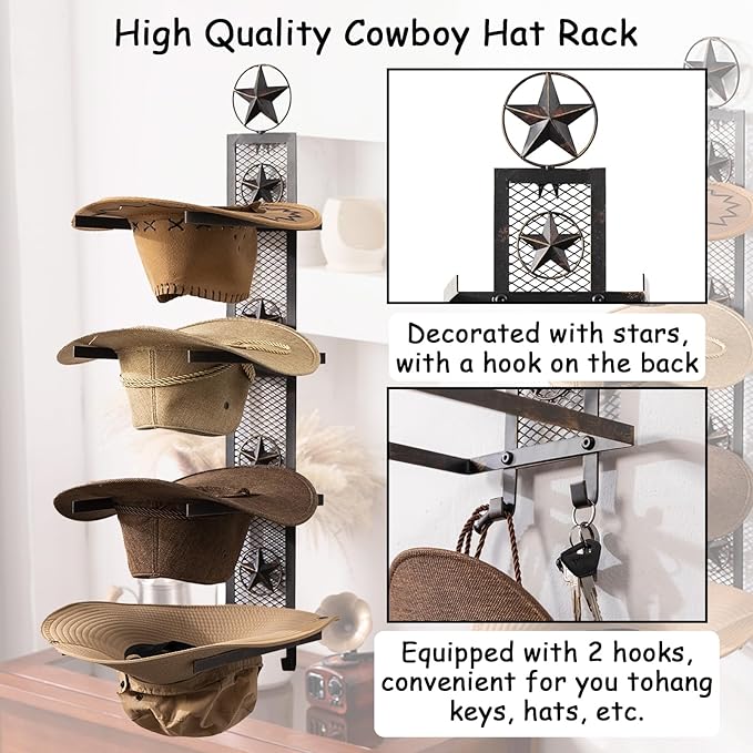 Cowboy Hat Rack for Wall, Metal Star Cowboy Hat Holder for 4 Hats, Vertical Western Hat Rack Wall Mount, Rustic Wall Hanging Decorative Hat Hanger with Hook
