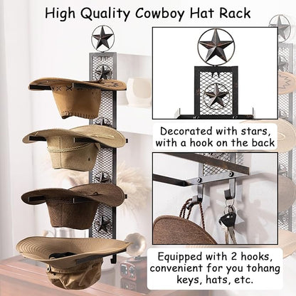 Cowboy Hat Rack for Wall, Metal Star Cowboy Hat Holder for 4 Hats, Vertical Western Hat Rack Wall Mount, Rustic Wall Hanging Decorative Hat Hanger with Hook