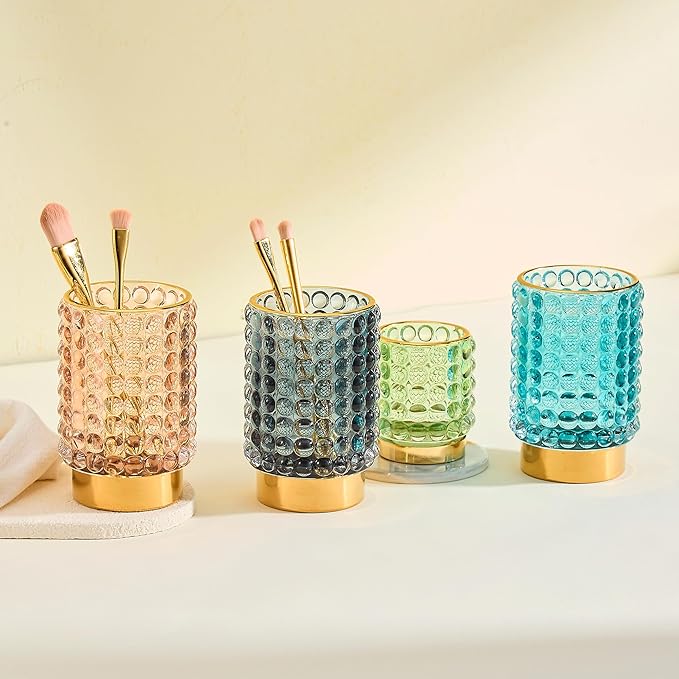 Makeup Brush Holder Organizer,Toothbrush Holders,Desk Pen Pencil Holder,Multifunctional Vintage Glass Brush Cup(A38-14-US/Pink/L)