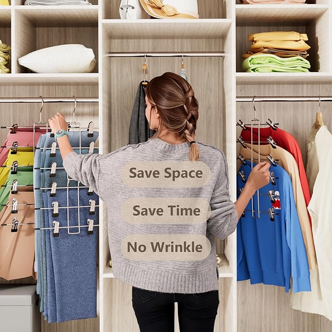 6 Pack Pants & Skirt Hangers Space Saving Hanging Closet Organizer and Storage, Upgrade Skirt Hangers with Clips and 360° Swivel Hook, Closet Storage