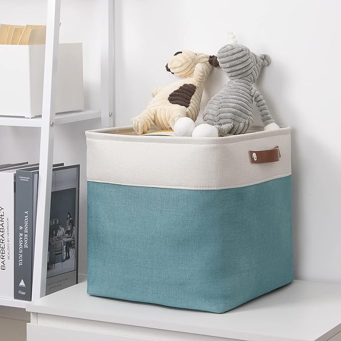 DULLEMELO Cube Basket for Storage, Collapsible Fabric Cube for Organizing, Storage Cube for Closet, Laundry, Nursery, Shelves, Decorative Basket for Gifts Empty (White&Teal)